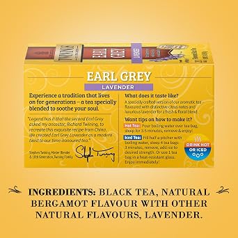 Twinings Earl Grey Lavender Tea 2-Pack Caffeinated Black Tea Blend, Individually Wrapped Tea Bags, 20 Count Each