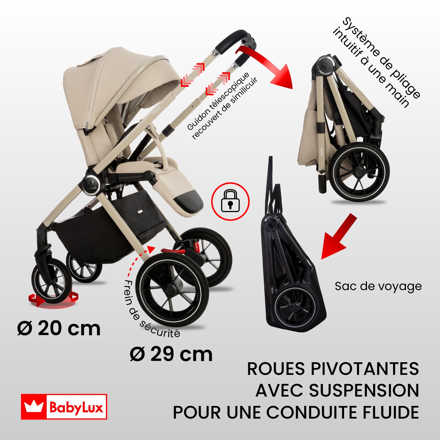 BabyLux® Poussette 3en1 GAVIA, Pliable Set De Poussettes Combinées Légères