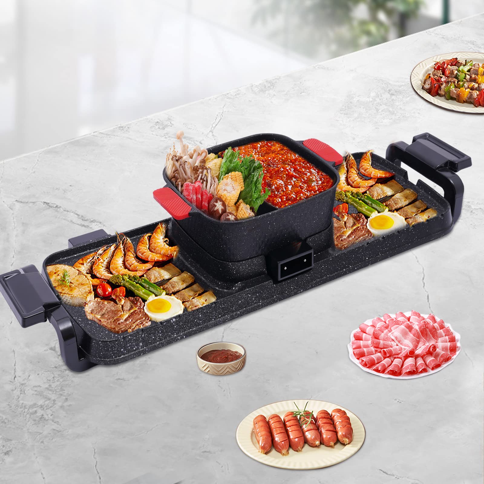 Portable Barbecue Heißtopf 2 in 1, Innen Koreanisch BBQ Doppelte Kontrolle Shabu Shabu Heißtopf mit Grill Multifunktion Rauchfrei Herd für Familie Freunde und Party
