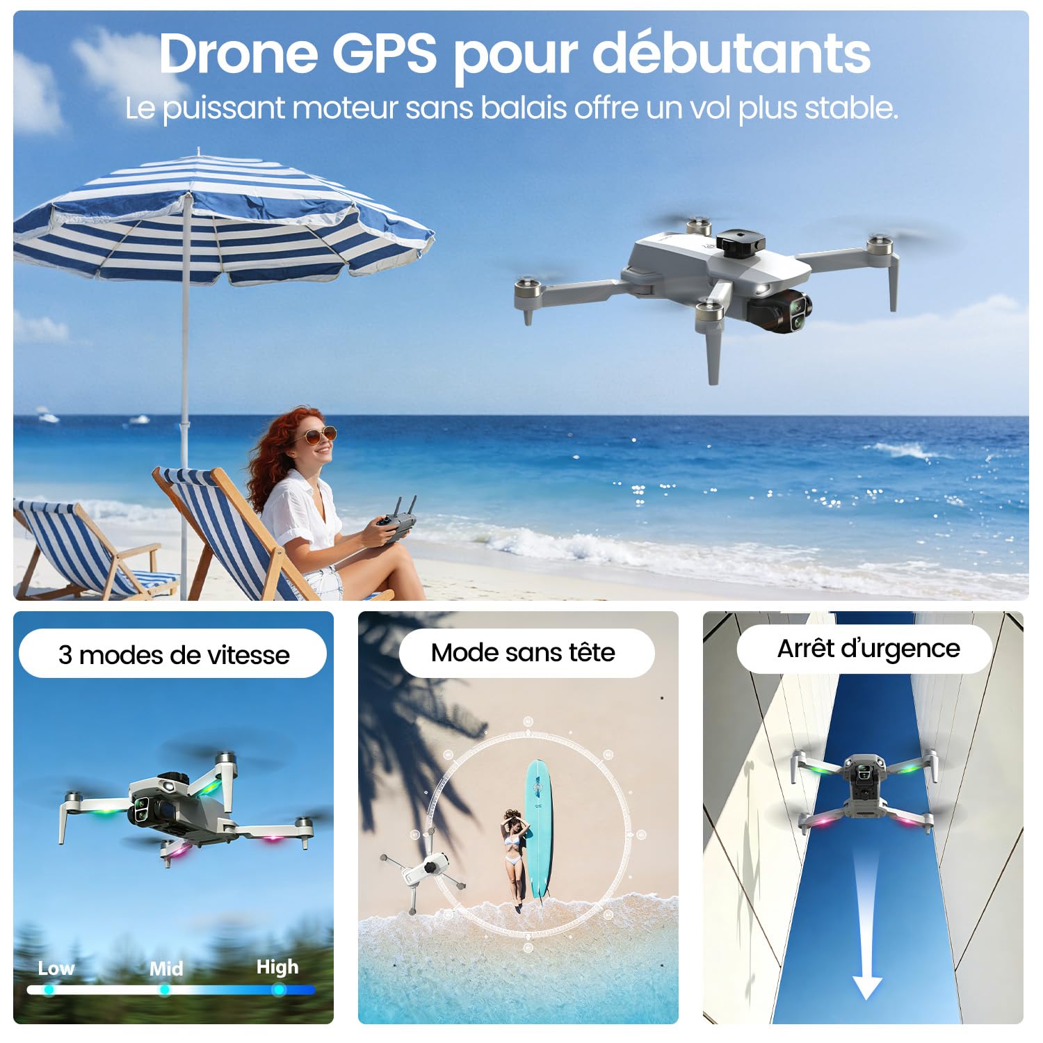 Drone GPS avec écran HD 4,3" Intégré et Caméra 4K pour Adultes Débutants