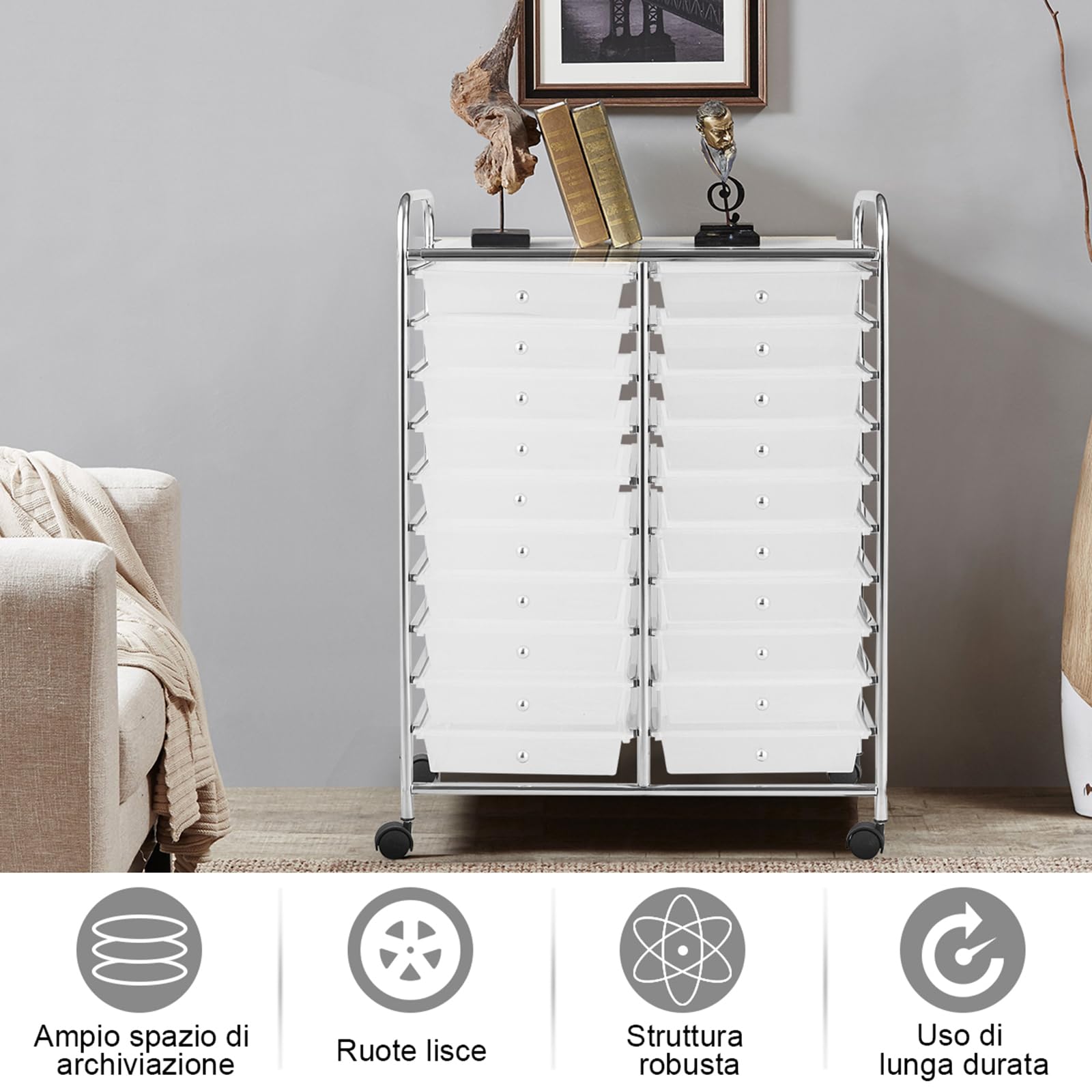 COSTWAY Carrello di Stoccaggio con 20 Cassetti, Carrello portaoggetti con 4 Ruote, Carrello Multiuso per Scuola Ufficio Cucina, 64 x 39 x 88 cm (Trasparente)