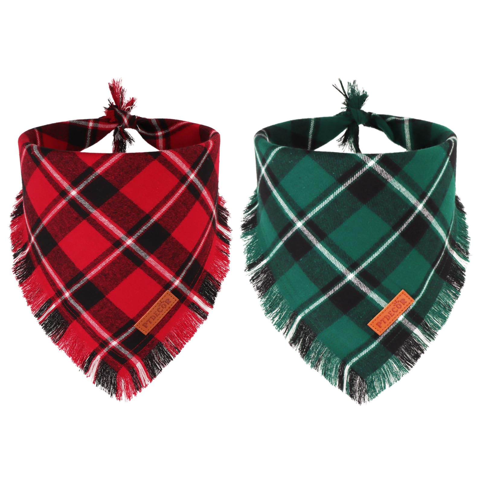 PTDECOR Bandanas de Navidad para perros con borlas, paquete de 2 elegantes baberos a cuadros rojos y verdes, tela de algodón de alta calidad, bandanas triangulares reversibles de Navidad para perros