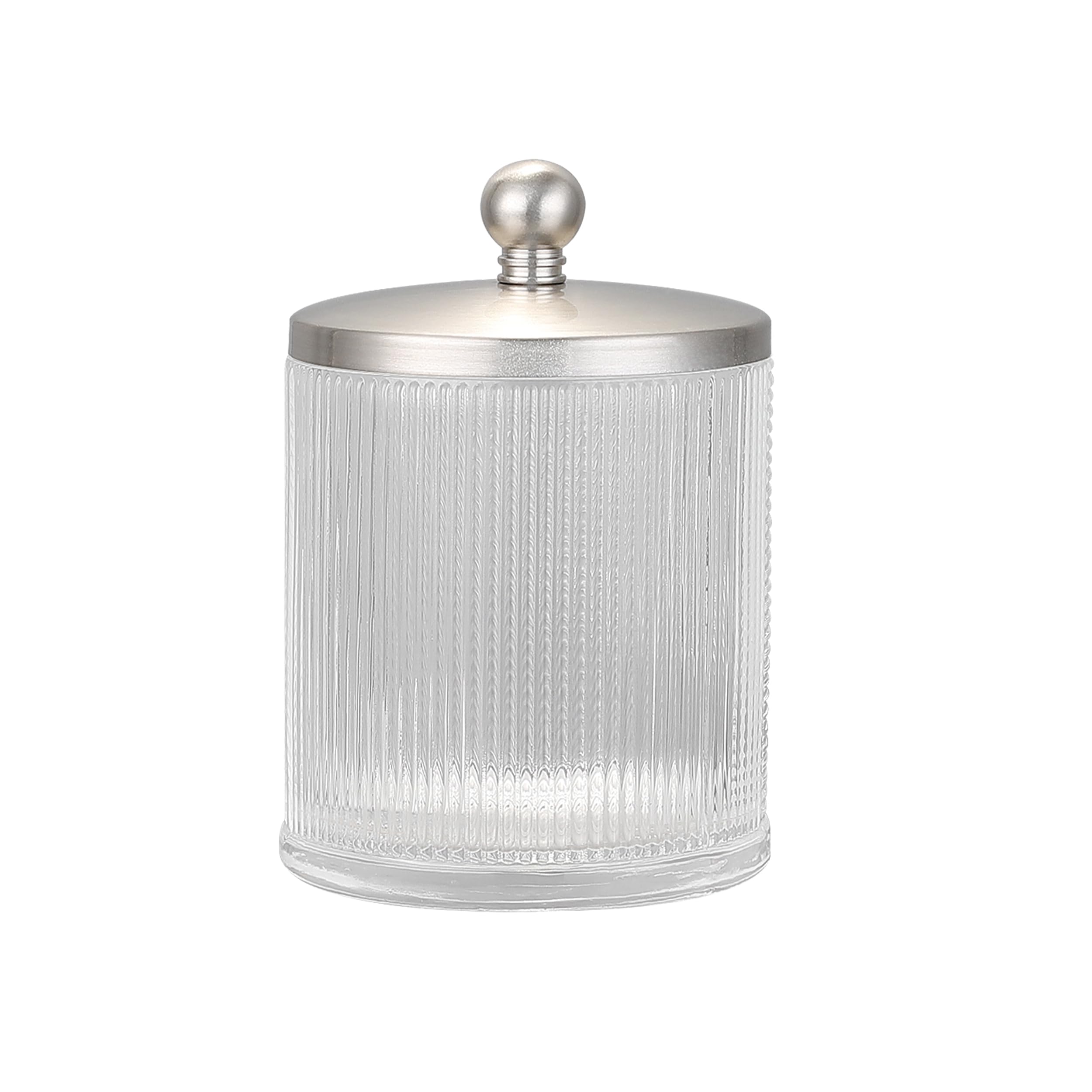 Indecor Home Glass Jar with Metal Lid for Bathroom Organization, Clear Apothecary Jar for Cotton Balls, Q Tips, and Small Accessories, Stylish Bathroom Storage Container Nickel, Clear