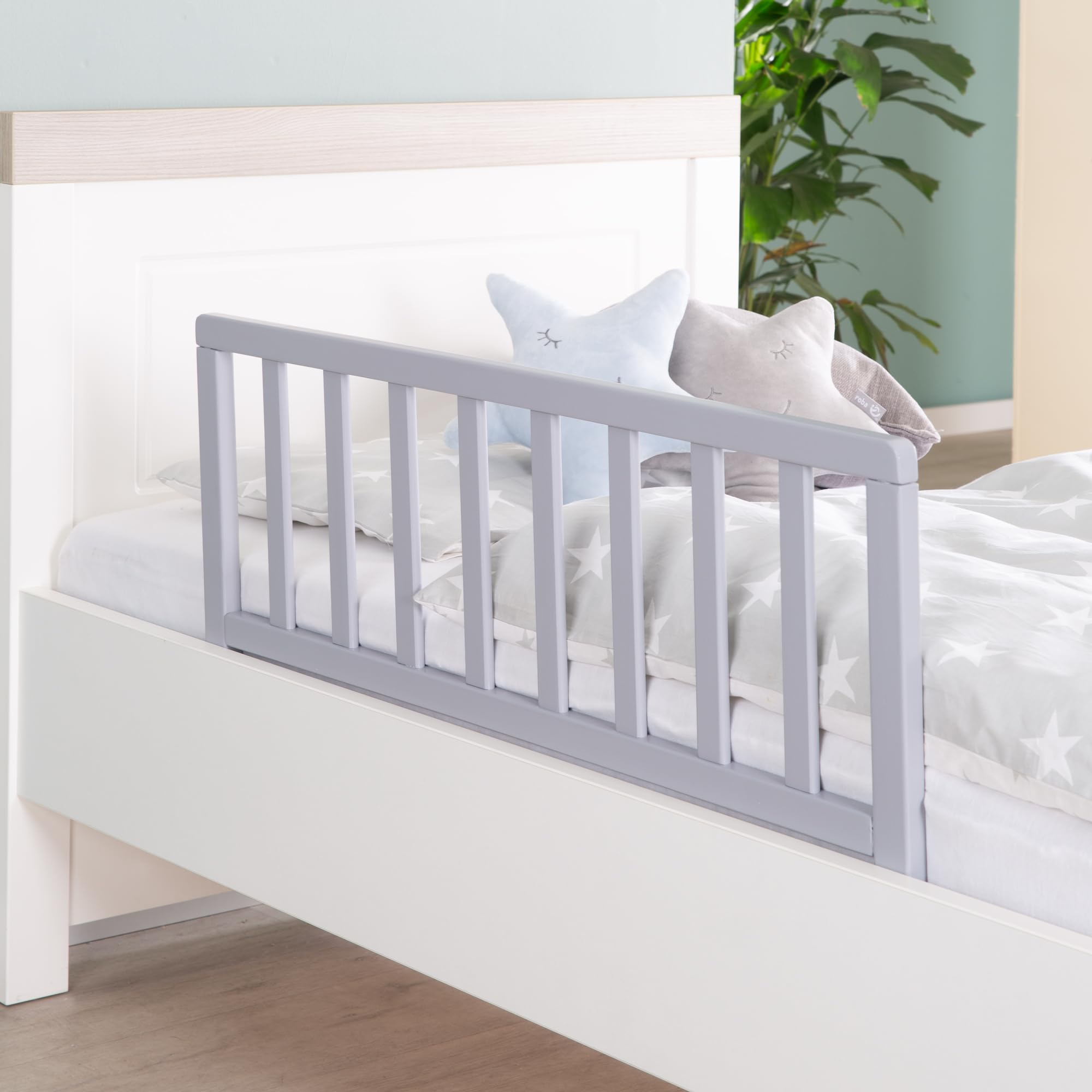 roba Barriera per Letto in Legno da 90 cm - Protezione Sicura Anticaduta per Neonati e Bambini - da 18 mesi - Installazione Semplice Senza Forature - Altezza 38 cm - Grigio
