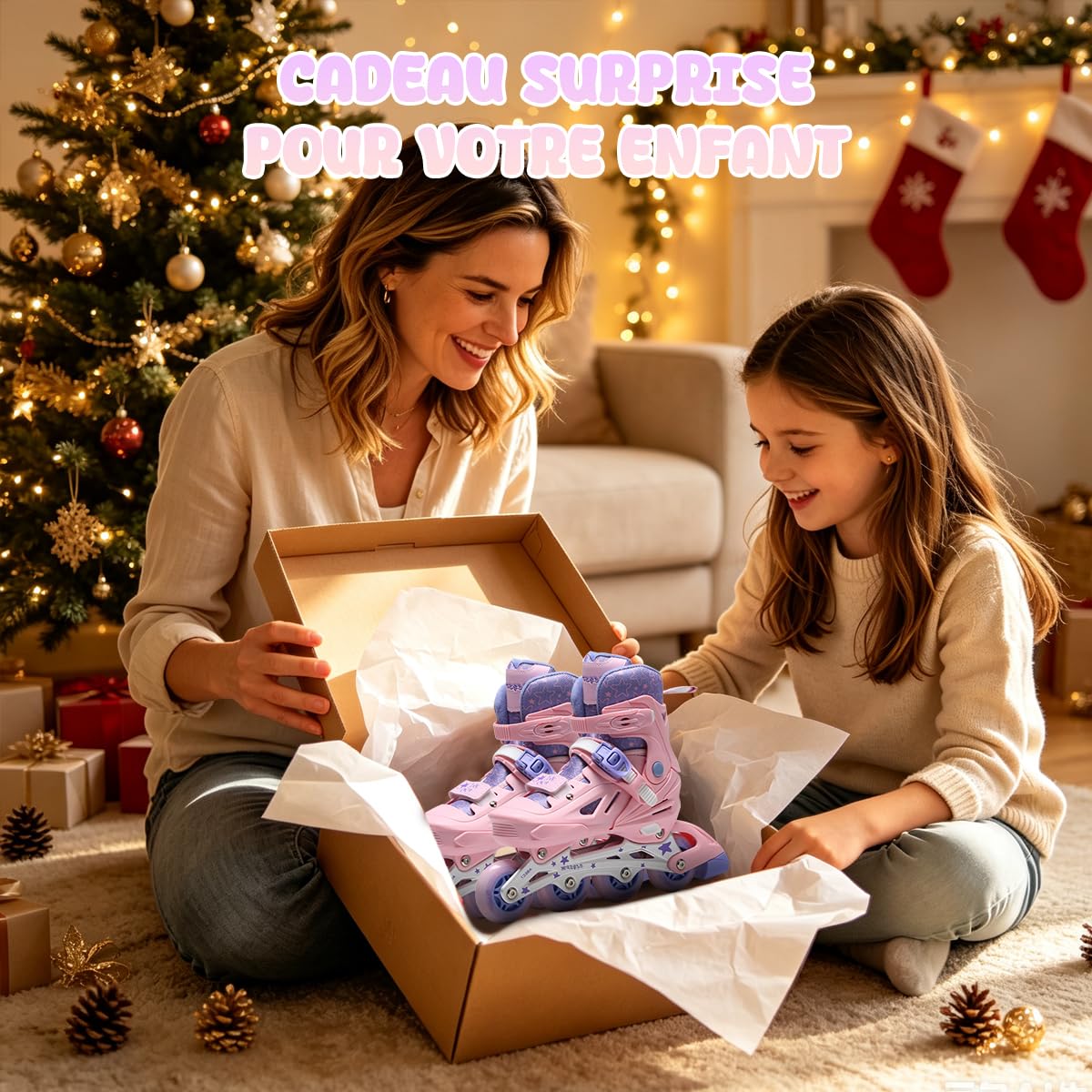 Patin a Roulette Fille Rose-Violet,Rollers en Ligne Réglables avec 8 Roues Lumineuses,Design Étoiles Amusant pour Débutants Adultes Cadeau Noël d'anniversaire