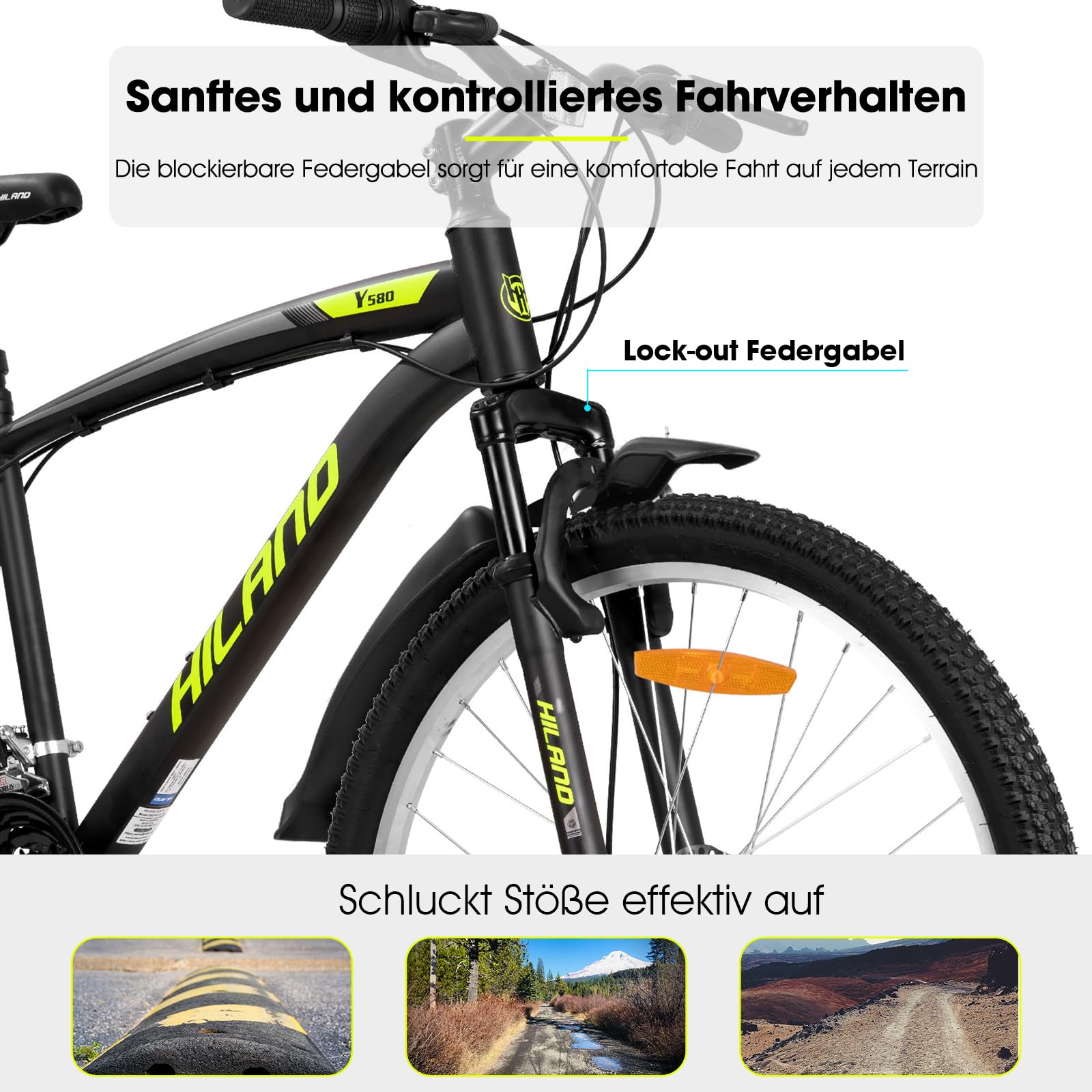 Hiland Rower górski 27,5", 18 biegów, dla mężczyzn i kobiet, MTB z podwójnymi hamulcami tarczowymi, 26", rower górski dla dorosłych z widelcem amortyzowanym, MTB dla mężczyzn i kobiet, żółty