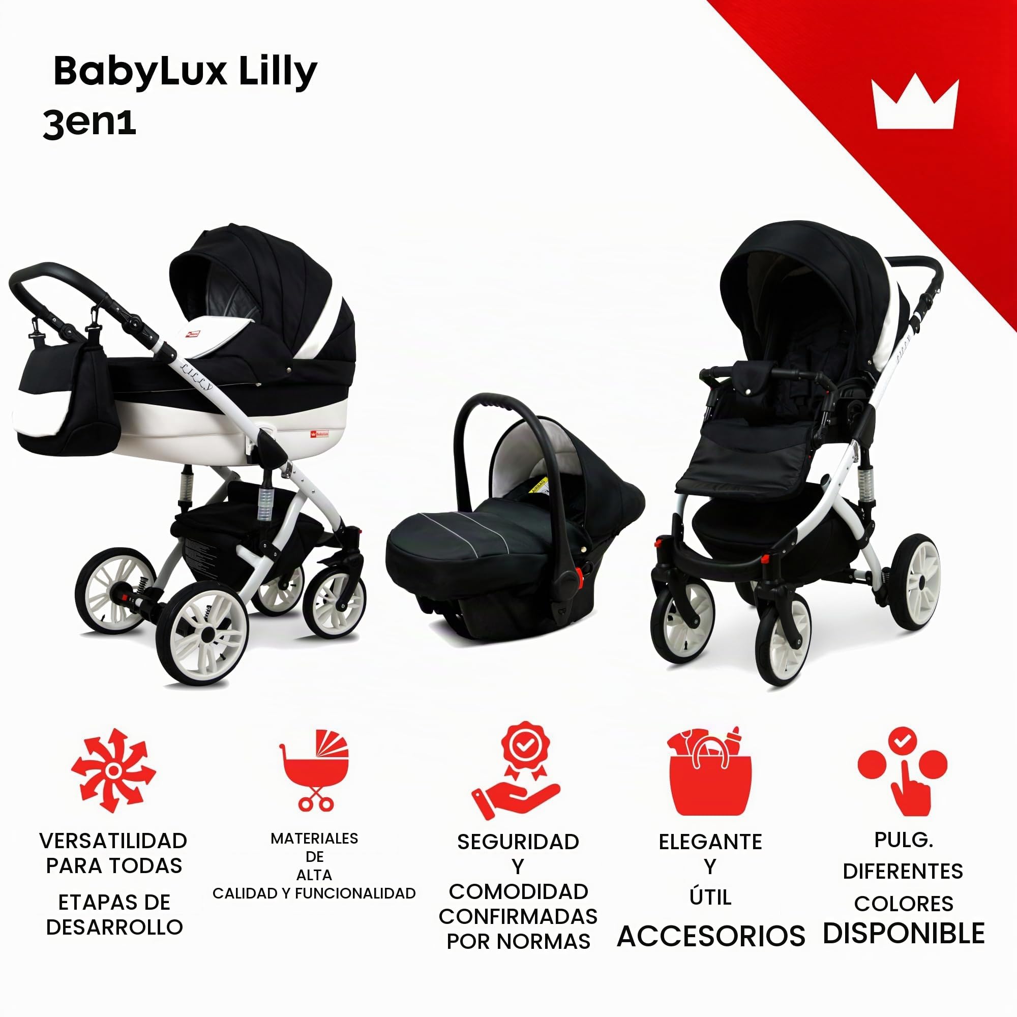 BabyLux® Carrito de Bebé Sistema de Viaje Set 3 en 1 - Lilly - incl. Capazo, Silla de Paseo, Silla Coche - Cochecito - con Bolso cambiador, Cubierta para la lluvia, Mosquitera etc.