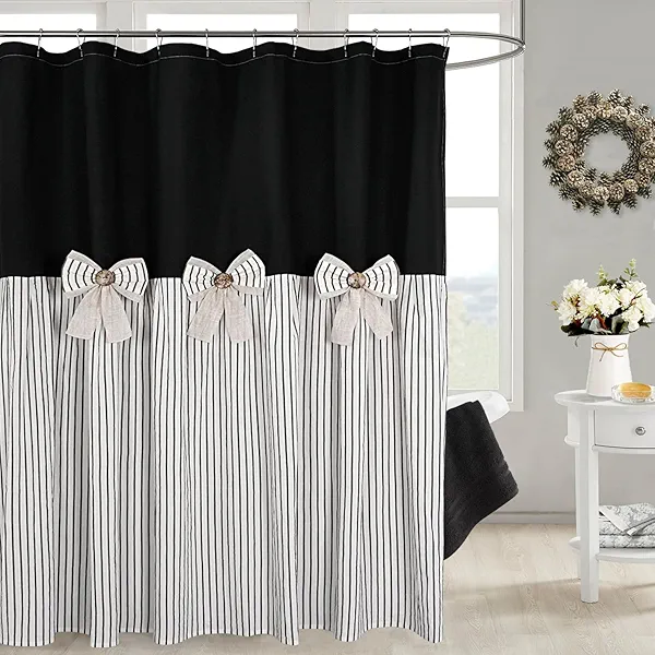 DOSLY IDÉES Farmhouse Black Shower Curtain,Bowknot,Cotton Woven and Cotton Blend Fabric,Pleated Black Stripe,Country Style,72x72 in