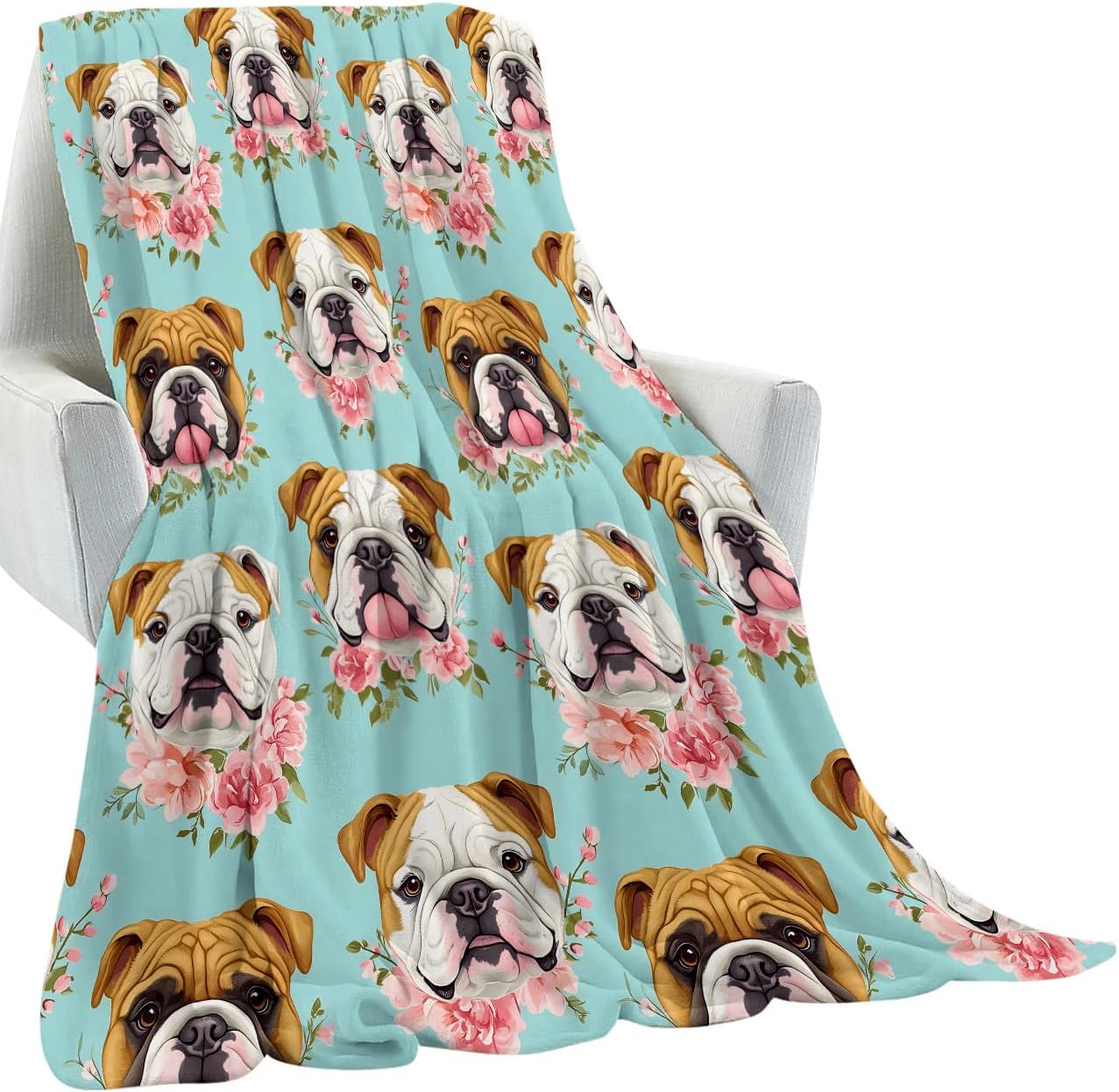 English Bulldog Blanket Gifts for Kids Adult Girls,Cute Puppy Dog Floral Flannel Throw Blankets,Soft Comfy Lightweight for Modern Home Couch Bed Sofa Decor,Pet Lovers 60x50in - Image 2