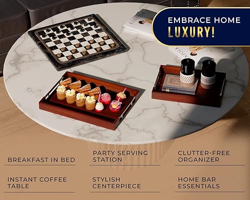 Miniatura 5 de Juego de 2 bandejas decorativas para servir, bambú + asas de acero inoxidable plateadas, mesa de centro o bandeja otomana para desayuno en la cama,