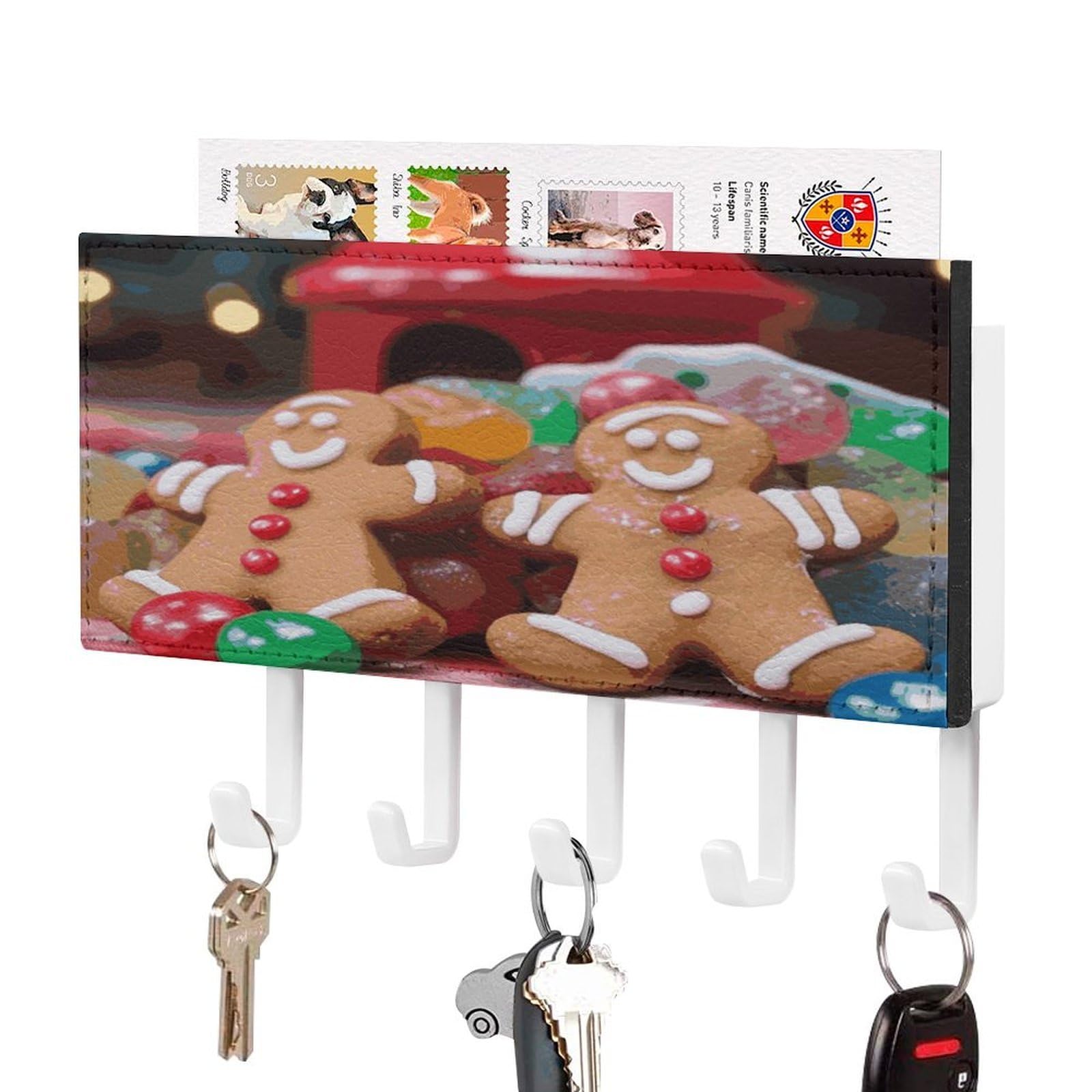 Fekiloot White-Style Gingerbread Man Candy Key Holder Wall Mount Key And Mail Holder Key Hanger With 5 Hooks Decorative Pu Key Rack Hanging Key Hooks For Wall Living Room Kitchen Bathroom Hallway