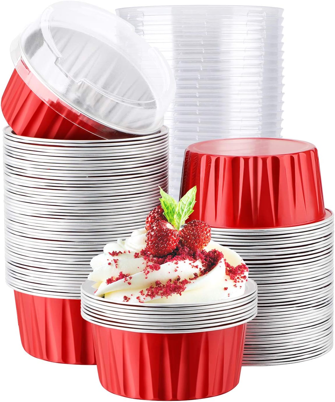 EUSOAR Aluminum Foil Baking Cups, 400pcs 5oz Disposable Mini Ramekins Cupcake Liners with Lids for Baking, Dessert Containers Aluminum Cheesecake Pan Creme Brulee Cup for Oven-Silver