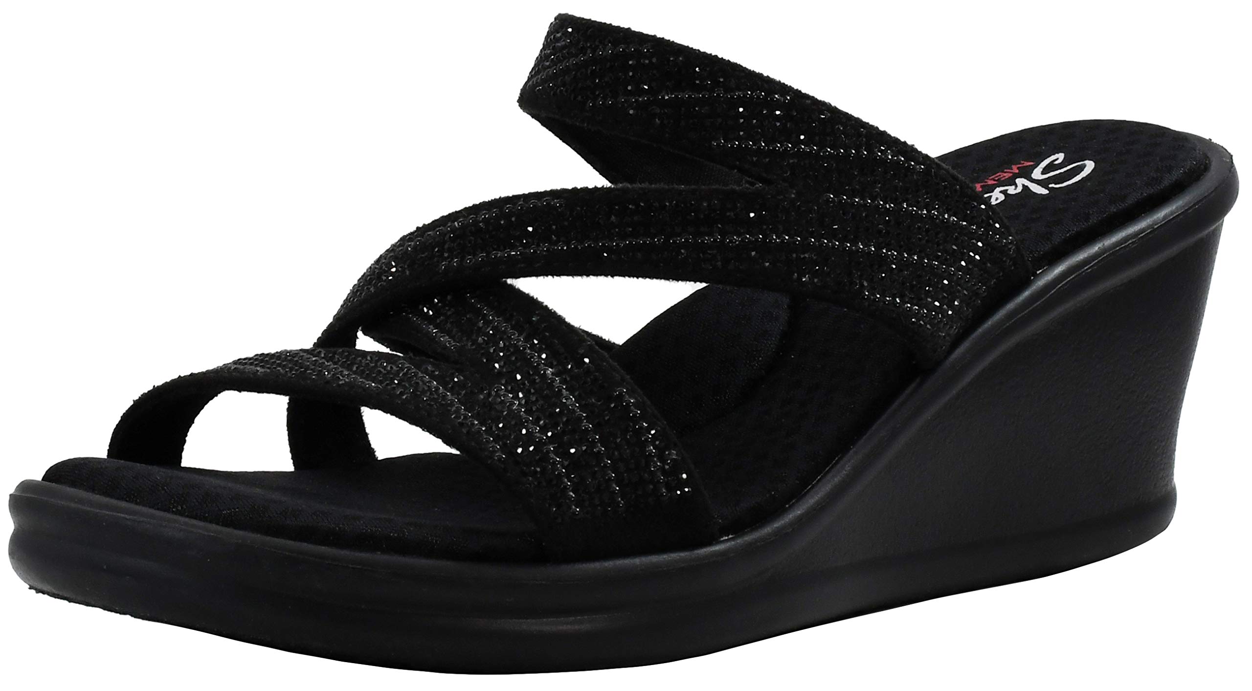 Skechers Women's Rumblers-Mega Flash-Rhinestone Multi Strap Wedge Slide Sandal