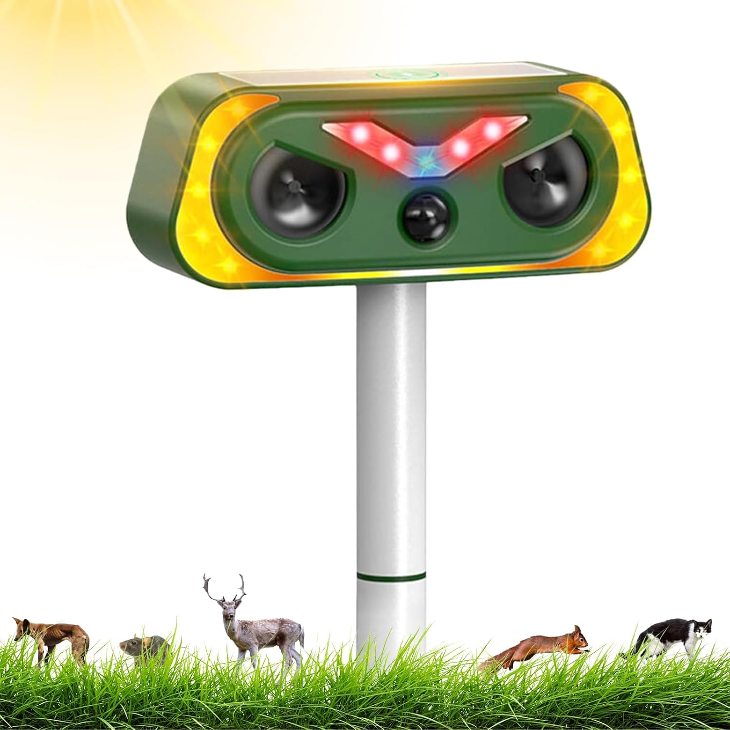Ultrasonic Cat Deterrent, Solar Animal Repellent, Cat Repellent, 2 Modes, Ultrasonic Animal Repellent, Dog Repellent, Waterproof with Motion Sensor and Flashing Light for Garden, Cats, Dogs, Wild