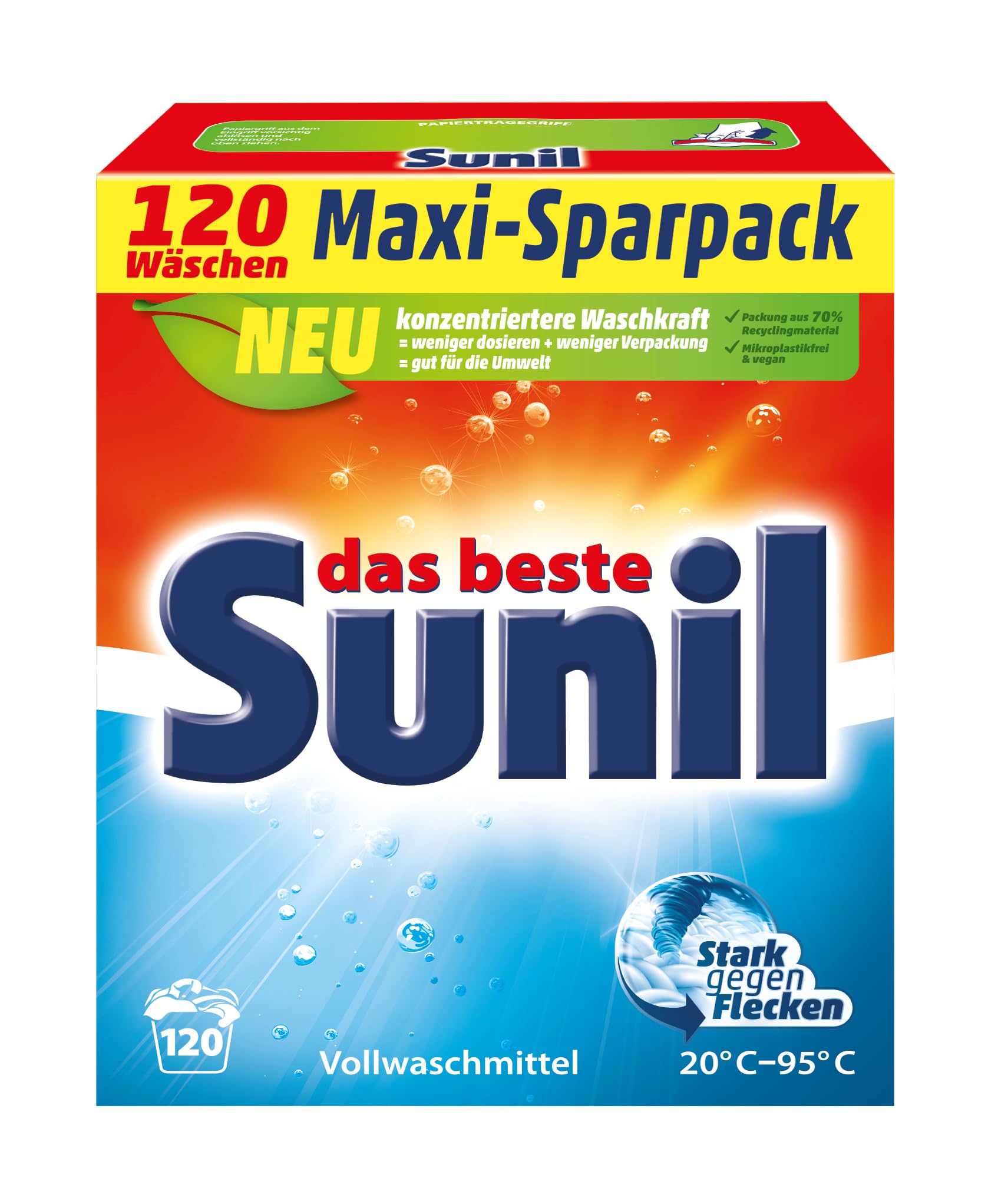 Sunil aktiv Pulver - Vollwaschmittel - für 120 Wäschen - Flecklösekraft, hautverträglich, mikroplastikfrei, vegan - 6 kg