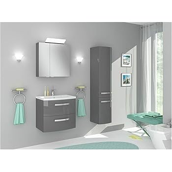 Naka24 Badmobel Set Olivia 60 Grau Hochglanz Mit Waschbecken Waschtisch Spiegelschrank Hochschrank Amazon De Kuche Haushalt