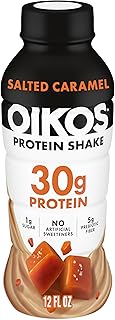 Oikos Protein Shake, Salted Caramel, 30g High Protein Drinks, Shelf Stable, Ready to Drink, 5g Prebiotic Fiber, 12 fl oz Bottle