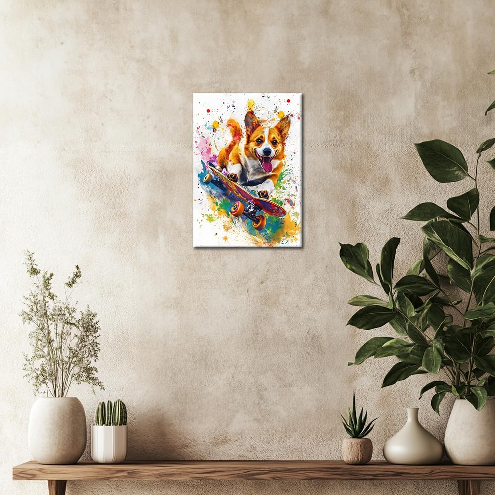 Axglnumber Corgi Wall Art Dog Play Skateboard Wall Decor Prints Framed Dog Wall Art Colorful Pictures Painting Poster 12x18 inches
