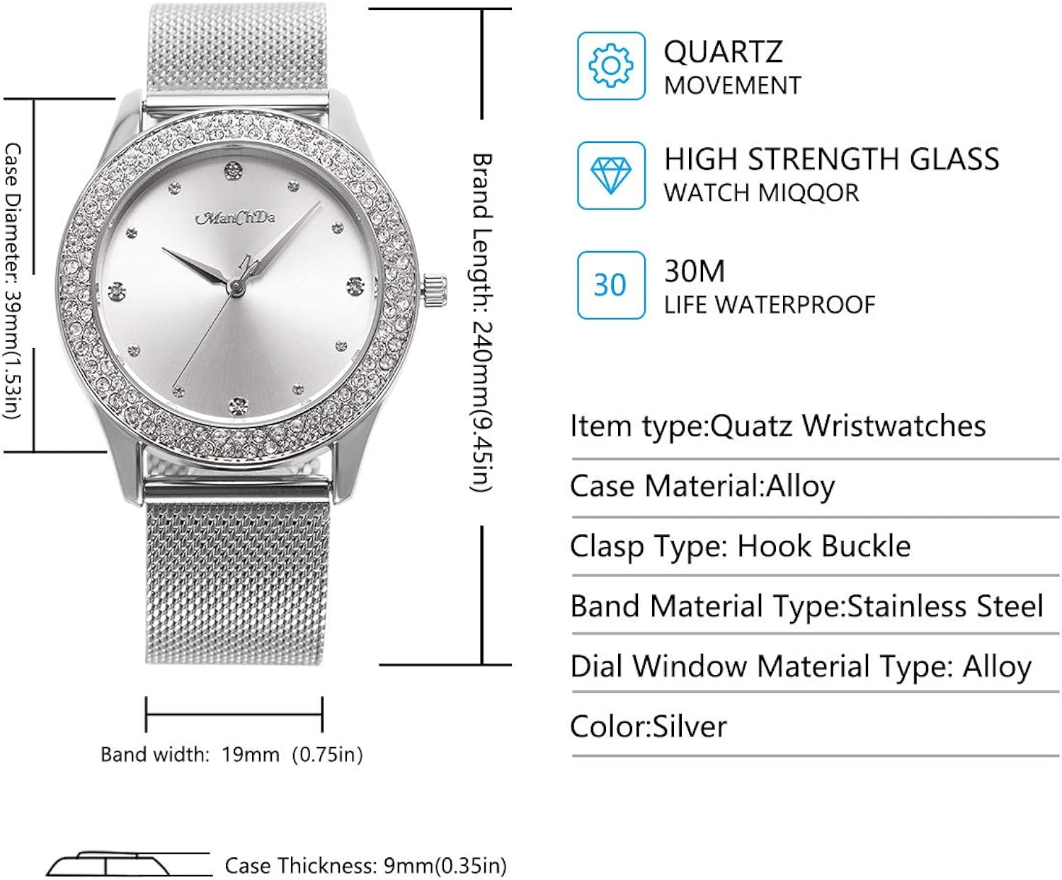 ManChDa Orologio Da Polso Da Donna - Orologio Da Polso Analogico Analogico Al Quarzo In Acciaio Inossidabile Con Cinturino Analogico Di Cristallo ManChDa Orologio Da Polso Da Donna - Orologio Da Polso Analogico Analogico Al Quarzo In Acciaio Inossidabile Con Cinturino Analogico Di Cristallo