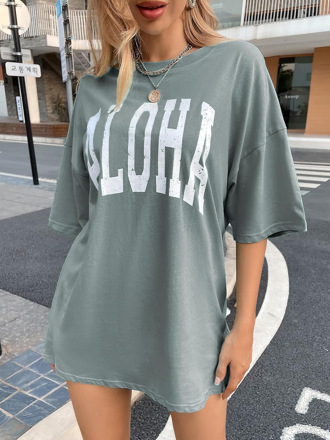 Remidoo Women's Casual Oversized T Shirts Short Sleeve Aloha Graphic Tees Vintage Summer Shirt Lake Green XX-Large - Image 5