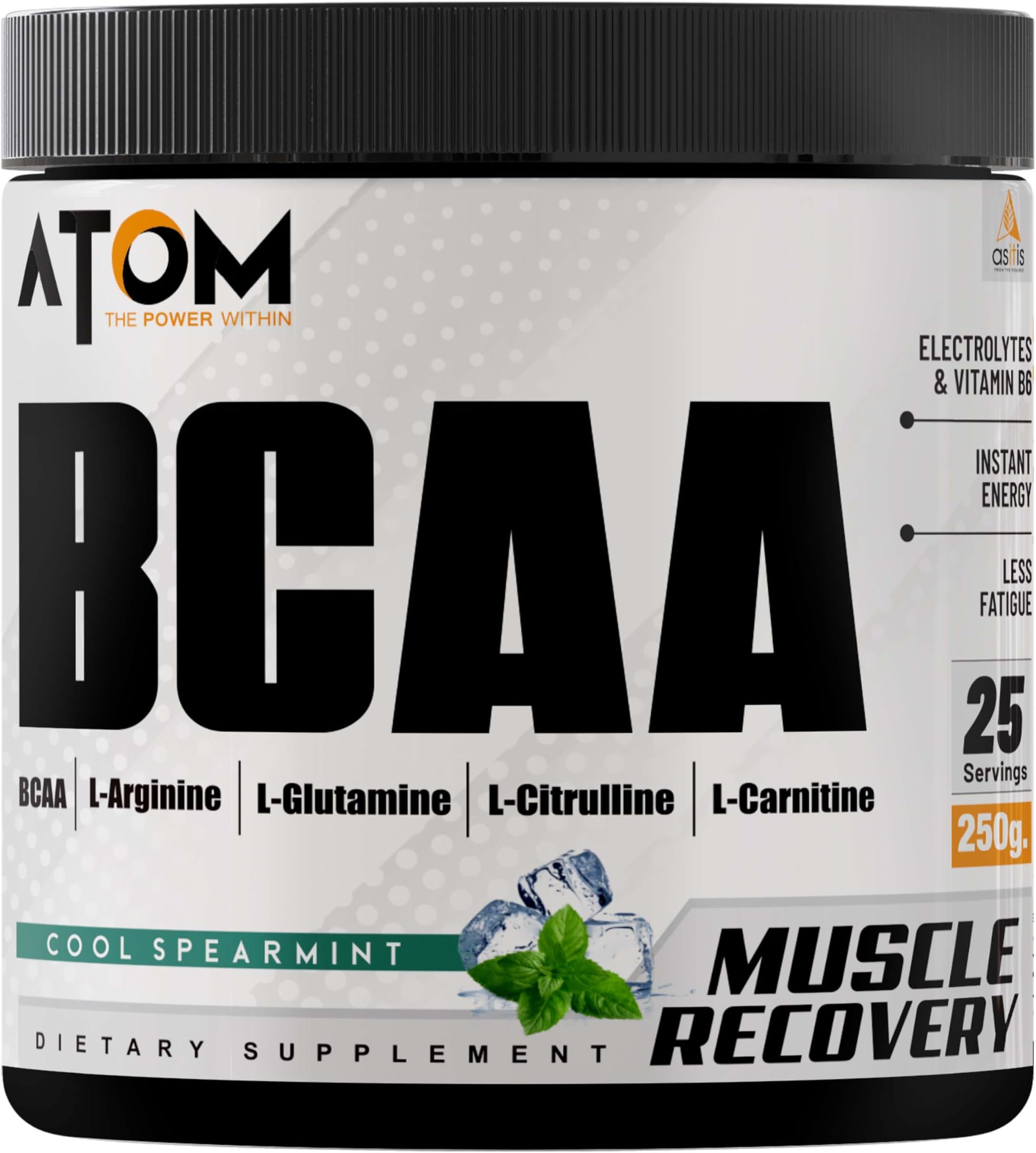 AS-IT-IS ATOM BCAA 250g with L-arginine, L-Carnitine, L-Citrulline for Energy burst & Athletic Performance, Cool Spearmint
