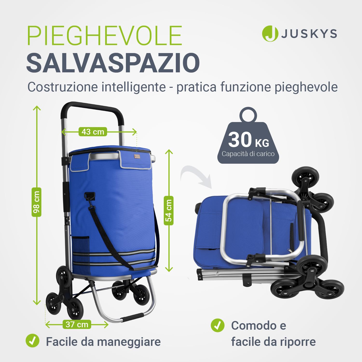 Juskys Trolley per la spesa 3 in 1 per scale – 56 l moderno e pieghevole – Trolley per salire le scale – Carrello e borsa – Trolli blu scuro