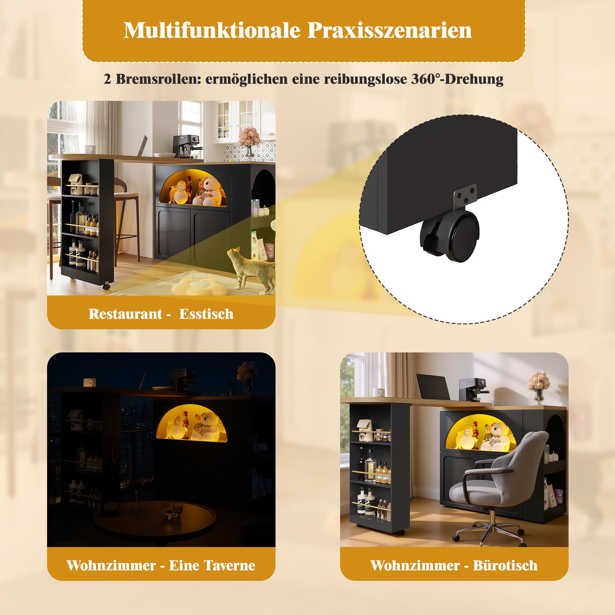 Merax Ausziehbarer Bartisch 135–205 cm,Beweglicher Bar Table mit LED & Rollen, Teleskopischer Hochtisch Kücheninsel schwarz, Bartheke mit Gewölbten Türen, Snack-Regal & Soft-Close Schrank