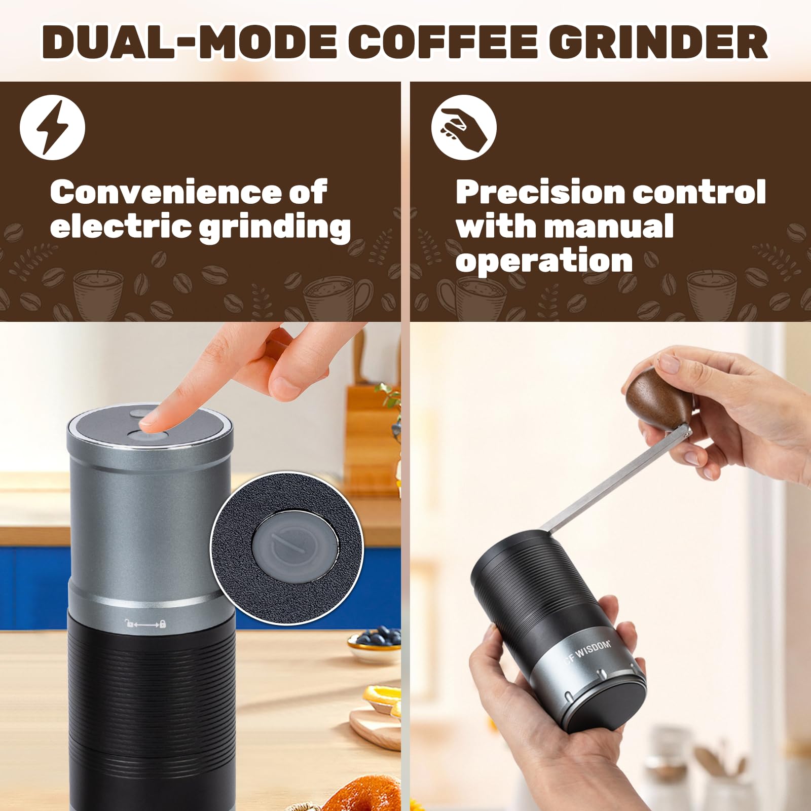 Molinillo de café portátil, molinillo cónico eléctrico y manual de modo dual, molienda precisa de 7 posiciones, adecuado para viajes, camping, oficina y uso doméstico
