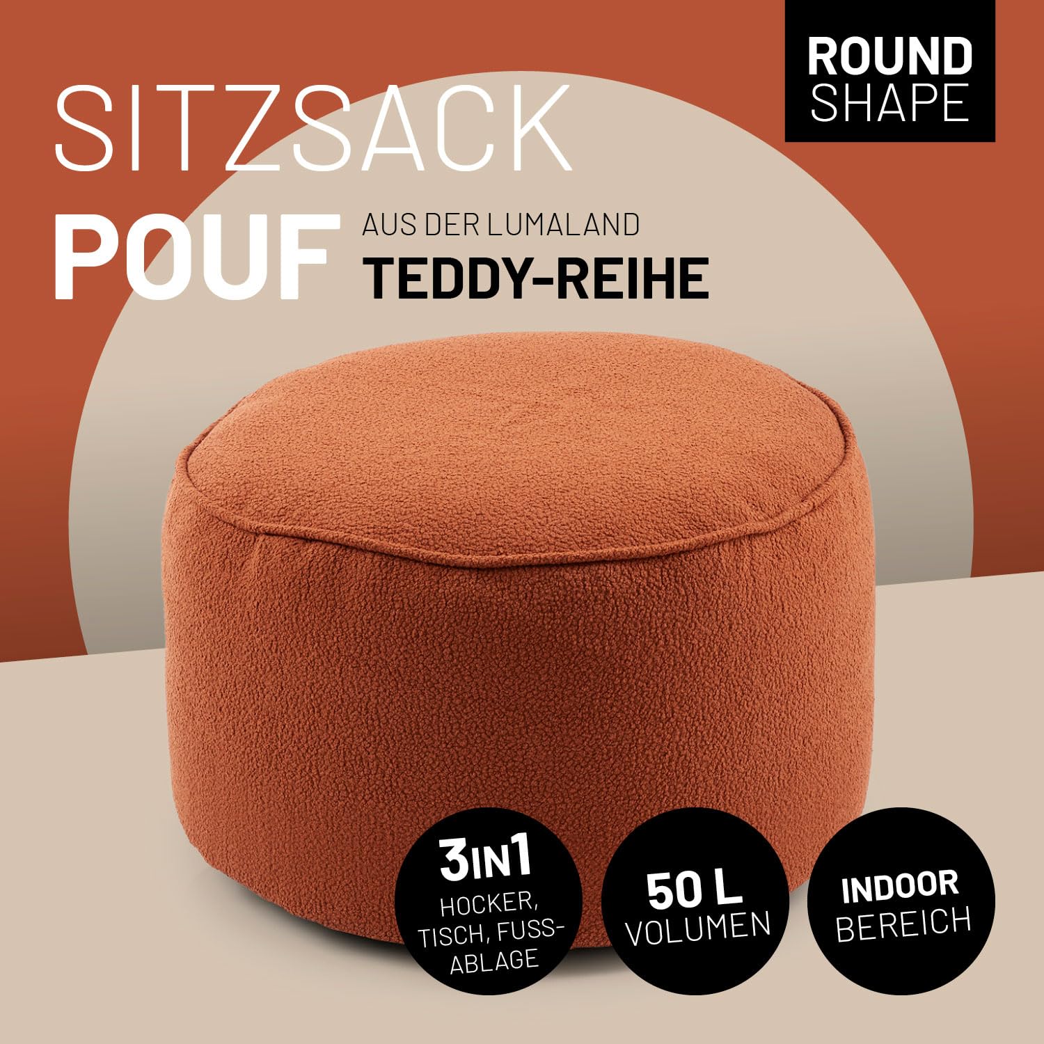 Lumaland Teddy Pouf Pouf, Sgabello Interno con Imbottitura, Poltrona Compatta con Perle in EPS, 3 in 1: Pouf, Tavolino e Poggiapiedi, Borsa per il Bean Bag, Piccolo e Soffice, Ø 25 x 45 cm, Terracotta