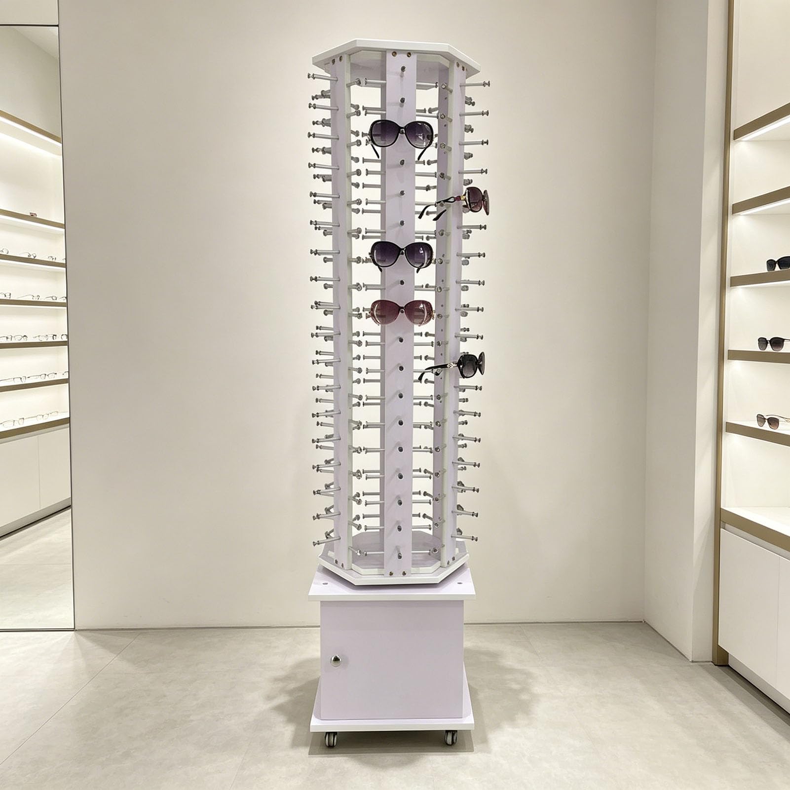 Estante de Exhibición Giratorio de 360° Para Gafas de Sol de Pie,72/90/108 Pares de Soporte de Marco de Anteojos Comercial de Madera Estante de Almacenamiento de Gafas de Lectura,para Varios Vasos