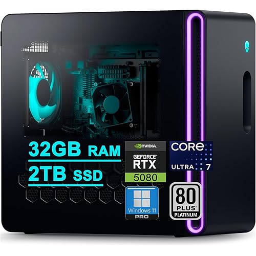 Dell Alienware Aurora ACT1250 Gaming Desktop Intel 20-core Ultra 7 Series 2 265F 32GB DDR5 2TB SSD GeForce RTX 5080 16GB GDDR7 DLSS4 (Up to 1801 Tops) WiFi7 1000W PSU for Gaming AI PC Win11Pro