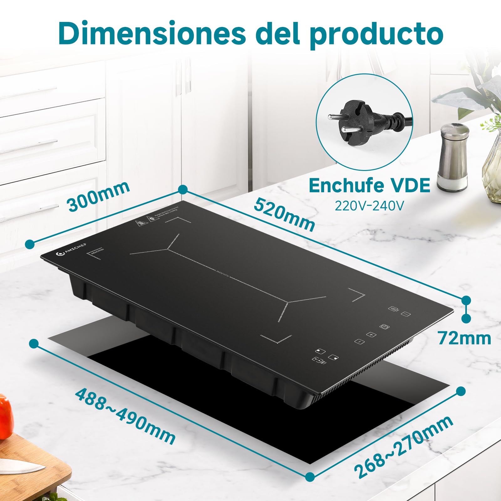 Placa de inducción con zonas flexibles, AMZCHEF placa induccion doble con 9 niveles de potencia, calentamiento intermitente, panel de control de moda, cerradura de seguridad, 3300W, negro