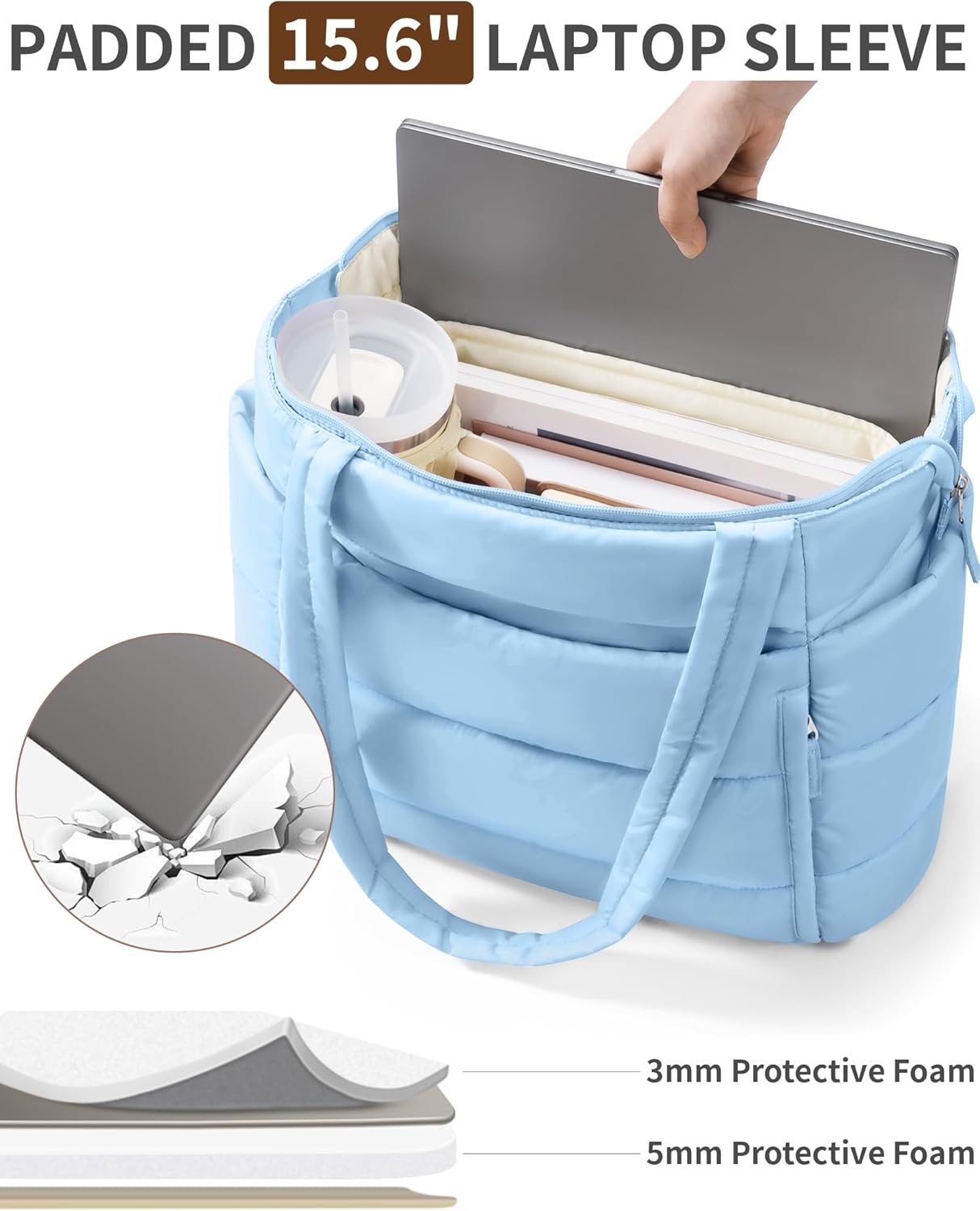 Puffer Tote Bag for Women, Lightweight Puffy Work Handbag Teacher Nurse Quilted Shoulder Bag for School Travel Gym | Cloud Bag w/ Zipper, Daily College Bags, 15.6" Computer Bag, Clinical Nursing Bag, 40 OZ Tumbler Holder, Ideal Gift for Women - Image 8