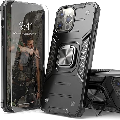 Funda para iPhone 13 Pro con protector de pantalla, absorción de golpes, resistente, resistente a prueba de caídas, funda delgada con soporte para