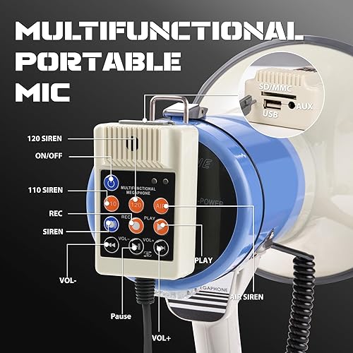 Miniatura 9 de MyMealivos Megáfono Bluetooth con sirena Bullhorn altavoz de 50 vatios con micrófono desmontable, correa ligera portátil y entrada auxiliar de 0.138