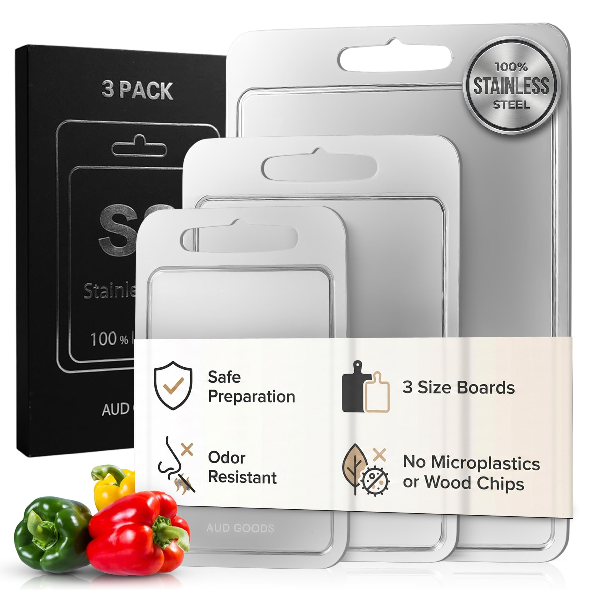 AUD Goods Stainless Steel Cutting Boards For Kitchen 3 Pack