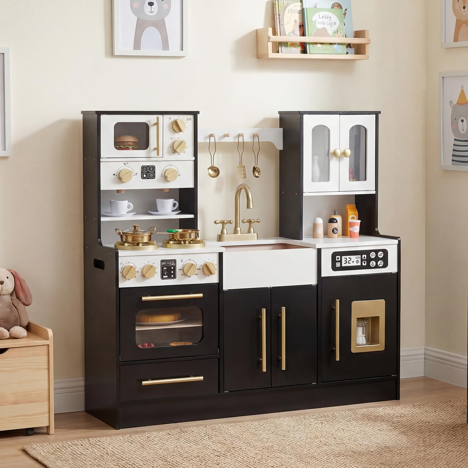 COSTWAY Kinderküche Holz, Spielküche mit Herd, Spüle, Wasserhahn, Backofen, Eismaschine, Mikrowelle & Kaffeemaschine, Holzküche mit Licht und Sound, inkl. Zubehör, für Kinder ab 3 Jahren (Schwarz)