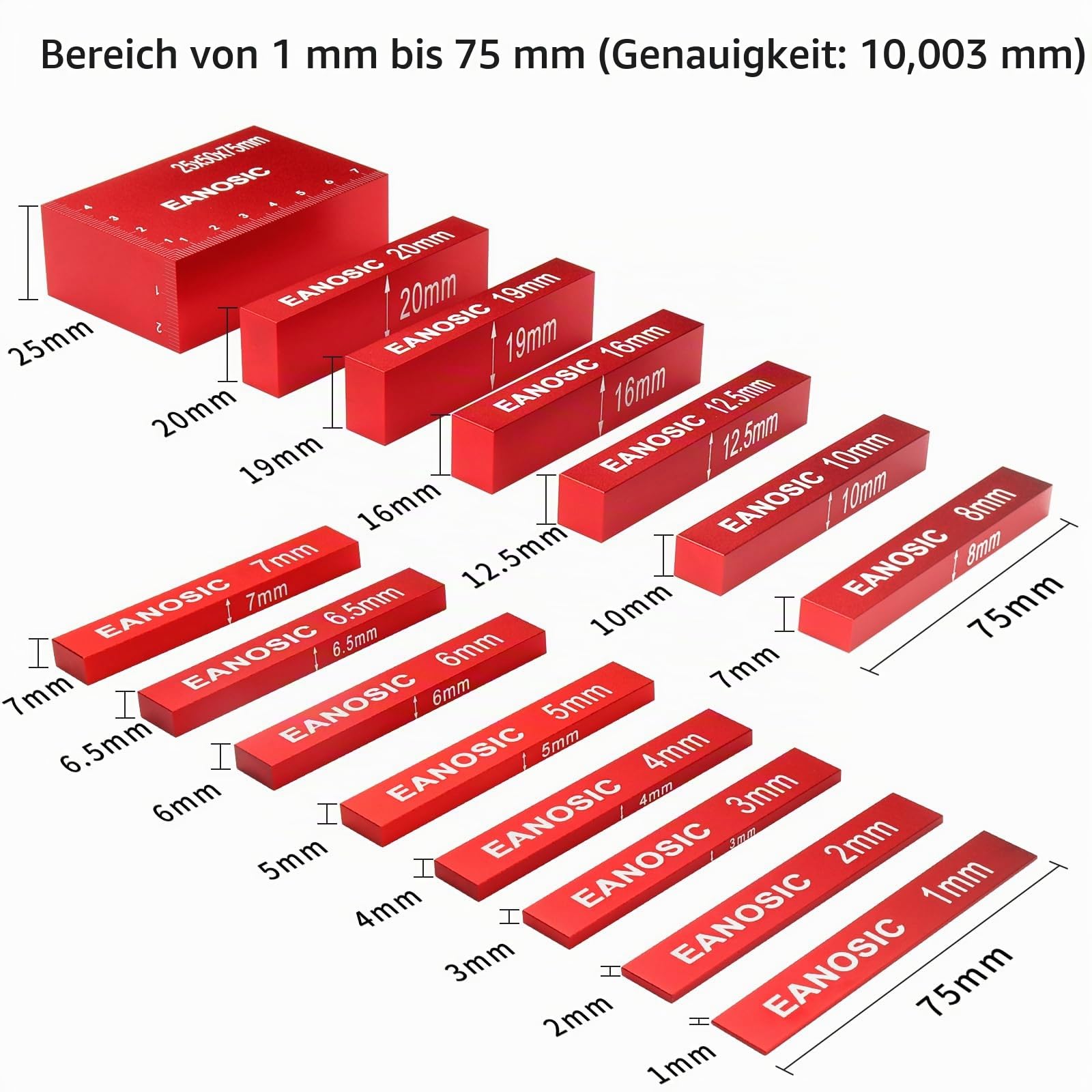 EANOSIC Metrisches Setup-Blöcke, Höhenmesser-Set, 15-teilig, Präzisions-Aluminium-Setup-Stangen, Messblock-Set für Oberfräse und Tischsäge, Zubehör, Holzbearbeitung, Stangen enthalten lasergravierte