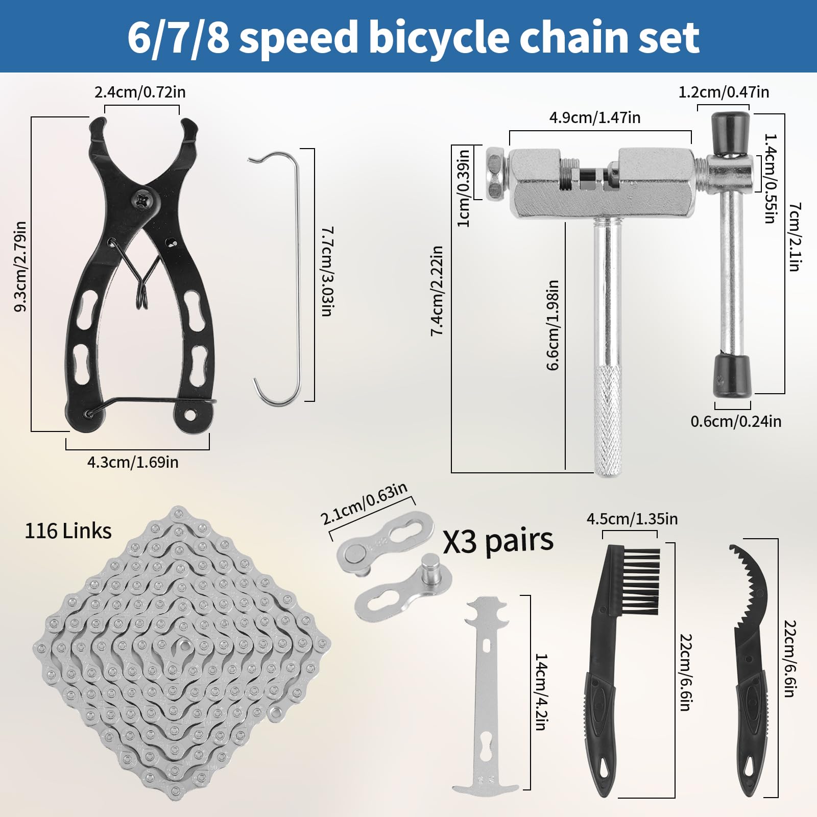 Łańcuch rowerowy – 6/7/8-biegowy łańcuch rowerowy 1/2 x 3/32 cala 116 ogniw - zestaw narzędzi łańcuchowych - stop aluminium - łamacz łańcucha - do naprawy łańcucha rowerów górskich, rowerów szosowych