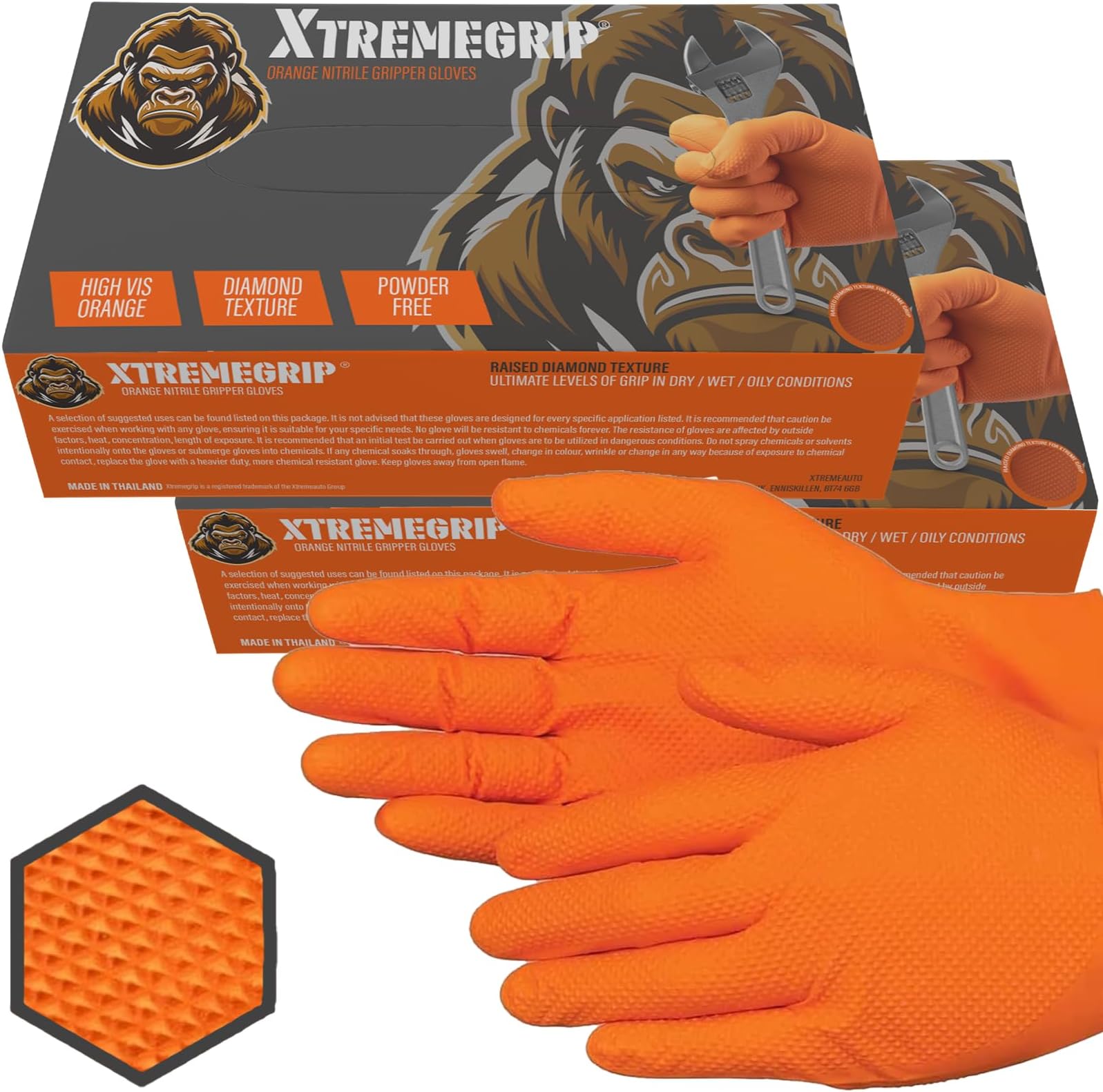 Nitrile Gloves - Disposable, Diamond Grip Orange, Powder-Free & Latex-Free - Extra Thick & Strong Rubber for Mechanics (2 Boxes, Large)