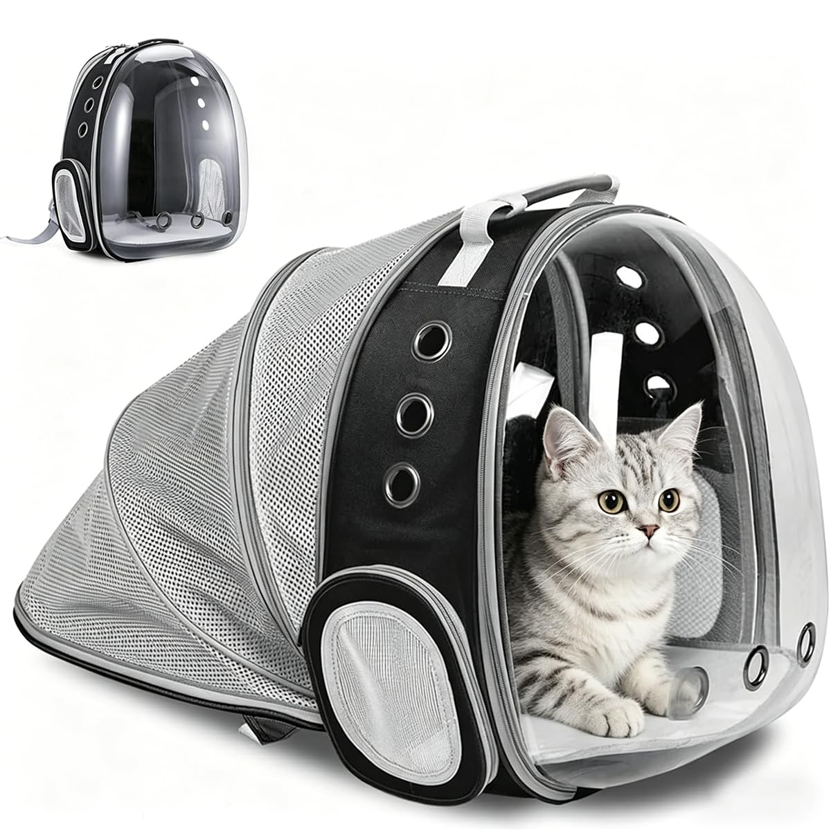 ZHUIYIWIN Cat Carrier Backpack, Expandable Cat Carrier Backpack, Ventilated Cat Bubble Backpack for Pet, Pet Carrier for Travel Hiking Walking Camping (Black, Rear Extension)