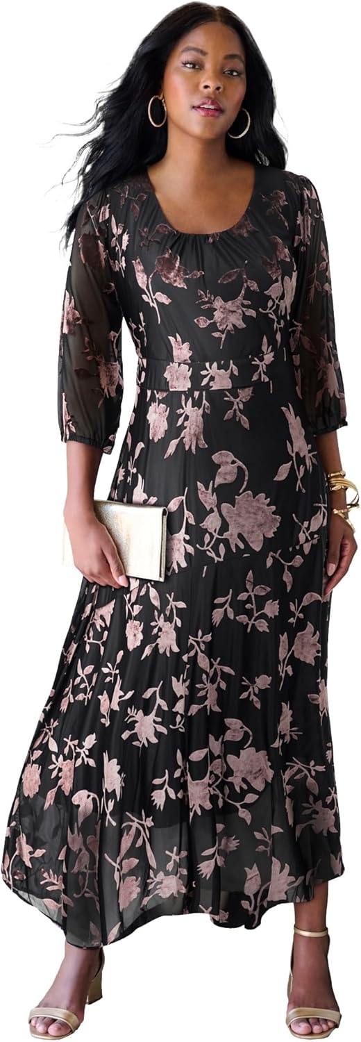 Roaman's Women's Plus Size Plus-Size Velvet 3/4 Sleeve Burnout Overlay Dress with Sheer Sleeves 20 Plus Black Rose Floral - Image 1 of 4