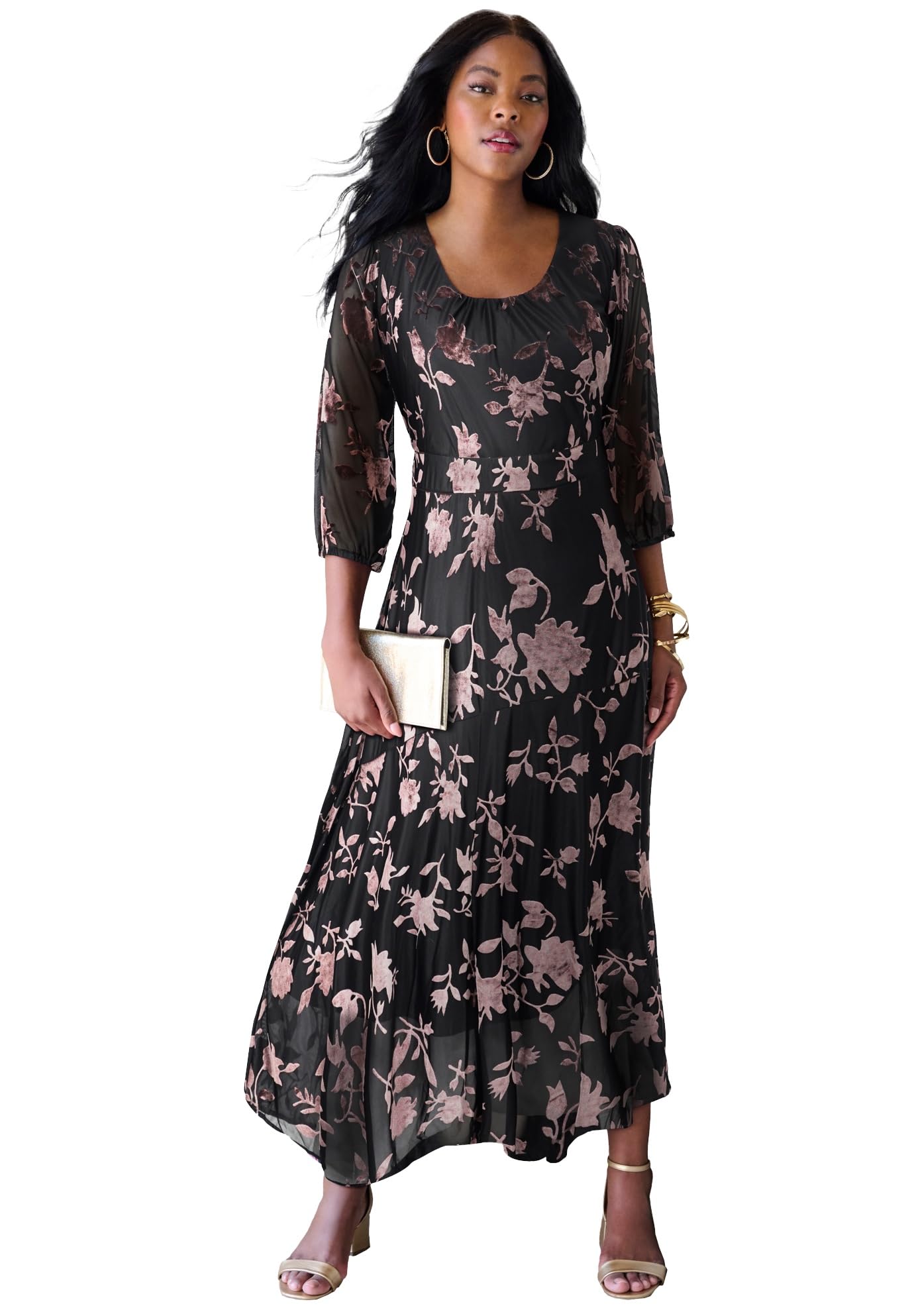 Roaman's Women's Plus Size Plus-Size Velvet 3/4 Sleeve Burnout Overlay Dress with Sheer Sleeves 20 Plus Black Rose Floral