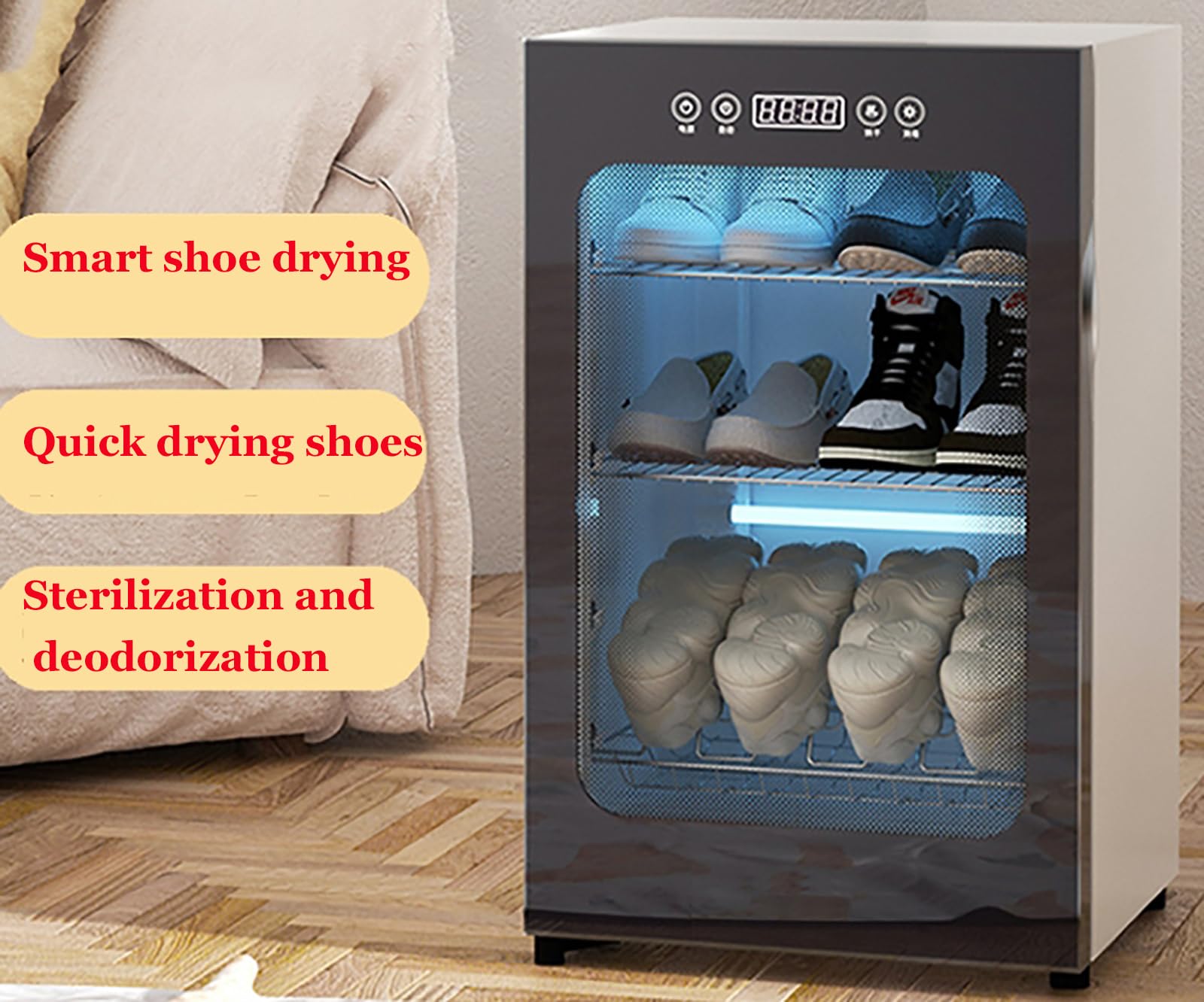Armoire à chaussures avec 3 couches, température constante de 60 ℃, circulation d'air chaud pour un séchage rapide de diverses chaussures
