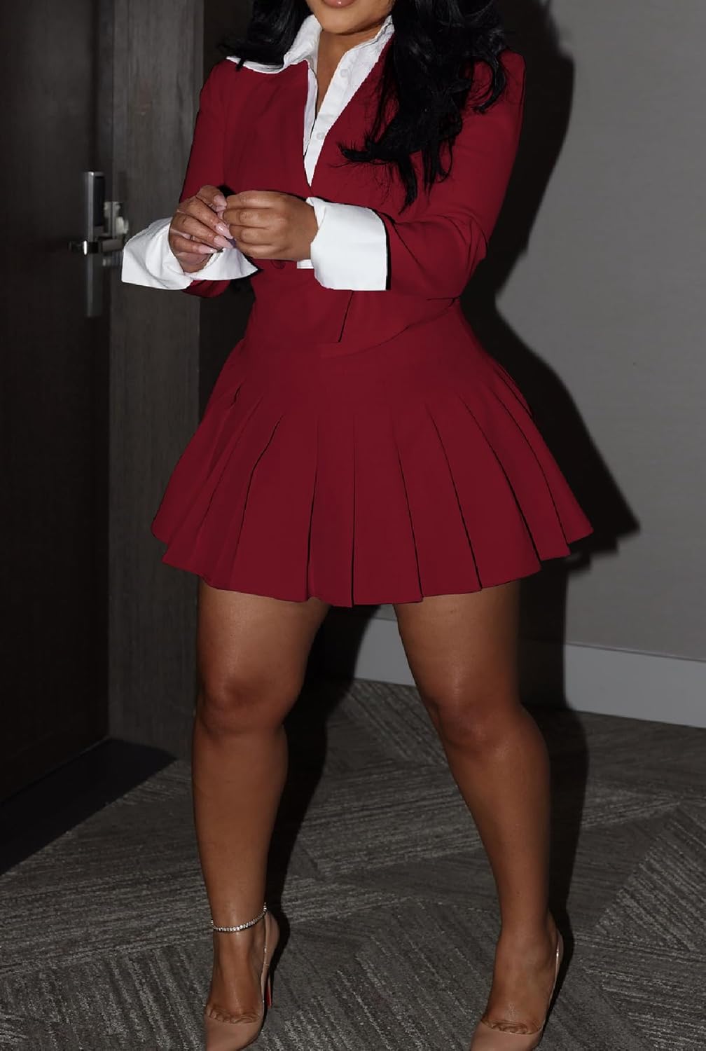 Womens 2 Piece Outfits Business Casual Cropped Blazer Jacket and High Waist Pleated Mini Skirt Sets - Image 3