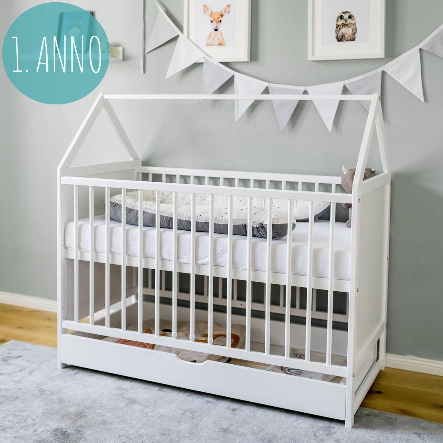 Lettino per bambini Letto per bambini 60x120 cm con cassetto Lettino 120x60 cm bianco con cassetto, regolabile in altezza e trasformabile per bambini, bambine e ragazze dalla nascita a 3 anni