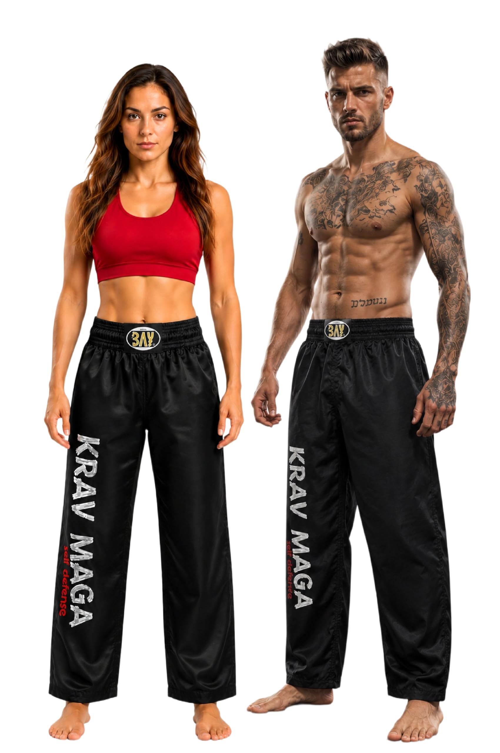 BAY Krav MAGA Satin Kampfsporthose Trainingshose Polyester Schwarz lang mit gesticktem Schriftzug am rechten Hosenbein Erwachsene Damen Herren Kinder Mädchen Jungen Größen 4XS - XXL
