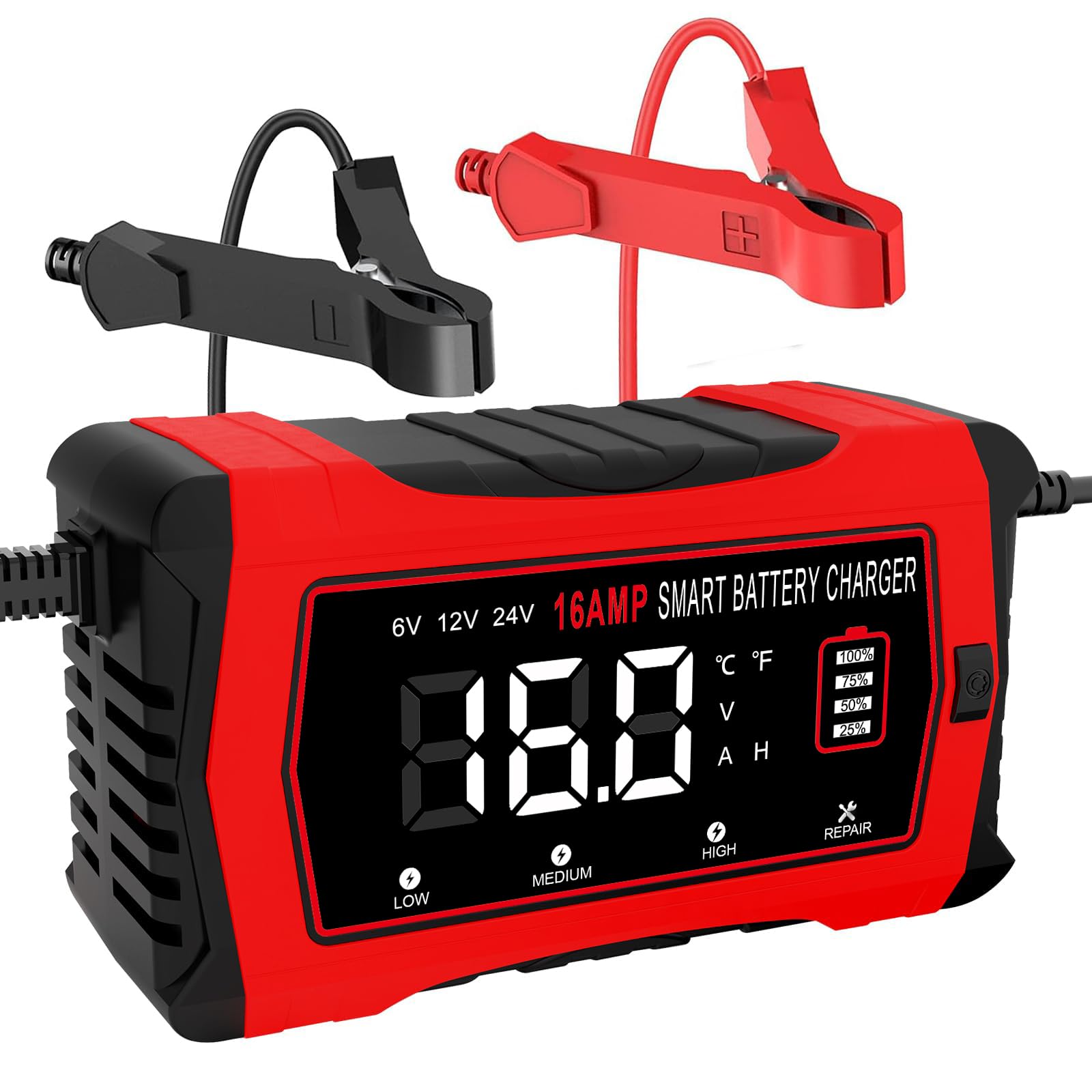 HTRC Cargador Baterias Coche 16A 6V/12V/24V, Cargador de Batería de Coche con Pantalla LCD Compatible con Barcos, SUV, Motocicletas y Baterías Litio, LiFePO4, Plomo-Ácido(AGM, Gel, MF, EFB, SLA, Wet)