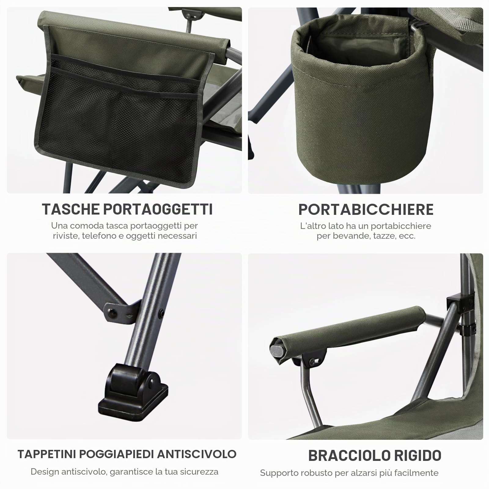 EVER ADVANCED Sedia da campeggio pieghevole, 230 kg, portata XL, 62 cm, larghezza della seduta con tasca laterale, supporto per bevande, sedia pieghevole per campeggio, esterni, balcone, giardino