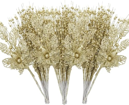 ROSELEAF Paquete de 28 adornos artificiales de tallo de bayas con purpurina, adornos de Navidad dorados, ramas de flores, púas para decoración del